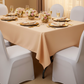 60"x120" Rectangular Premium Polyester Tablecloth - Champagne for indoor birthday reception with white dinner and gold charger plate | champagne napkin |