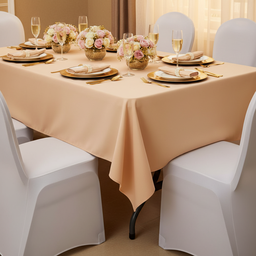 60"x120" Rectangular Premium Polyester Tablecloth - Champagne for indoor birthday reception with white dinner and gold charger plate | champagne napkin |