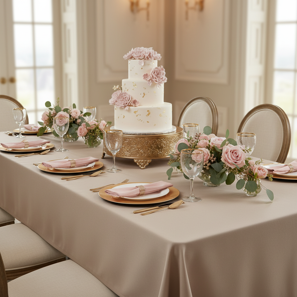 60"x102" Rectangular Premium Polyester Tablecloth - Taupe for a birthday table setup