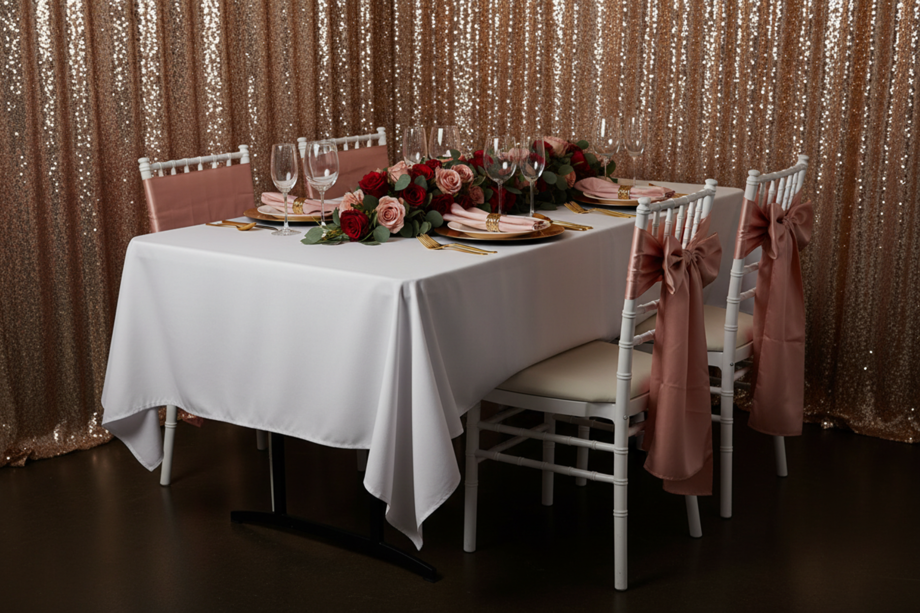 anniversary setup using 60"x102" Rectangular Premium Polyester Tablecloth - White
