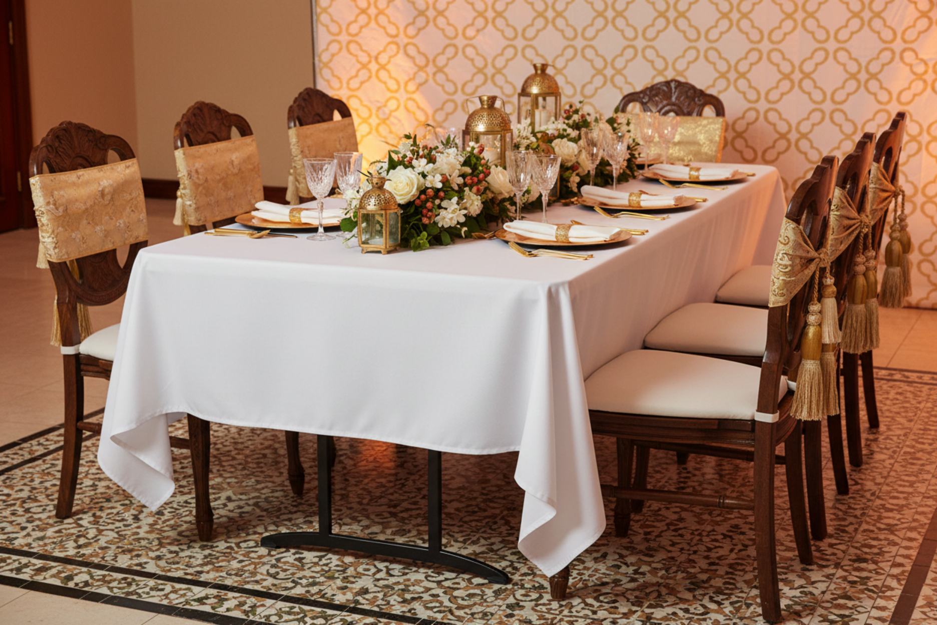 castle inspired setup using 60"x102" Rectangular Premium Polyester Tablecloth - White
