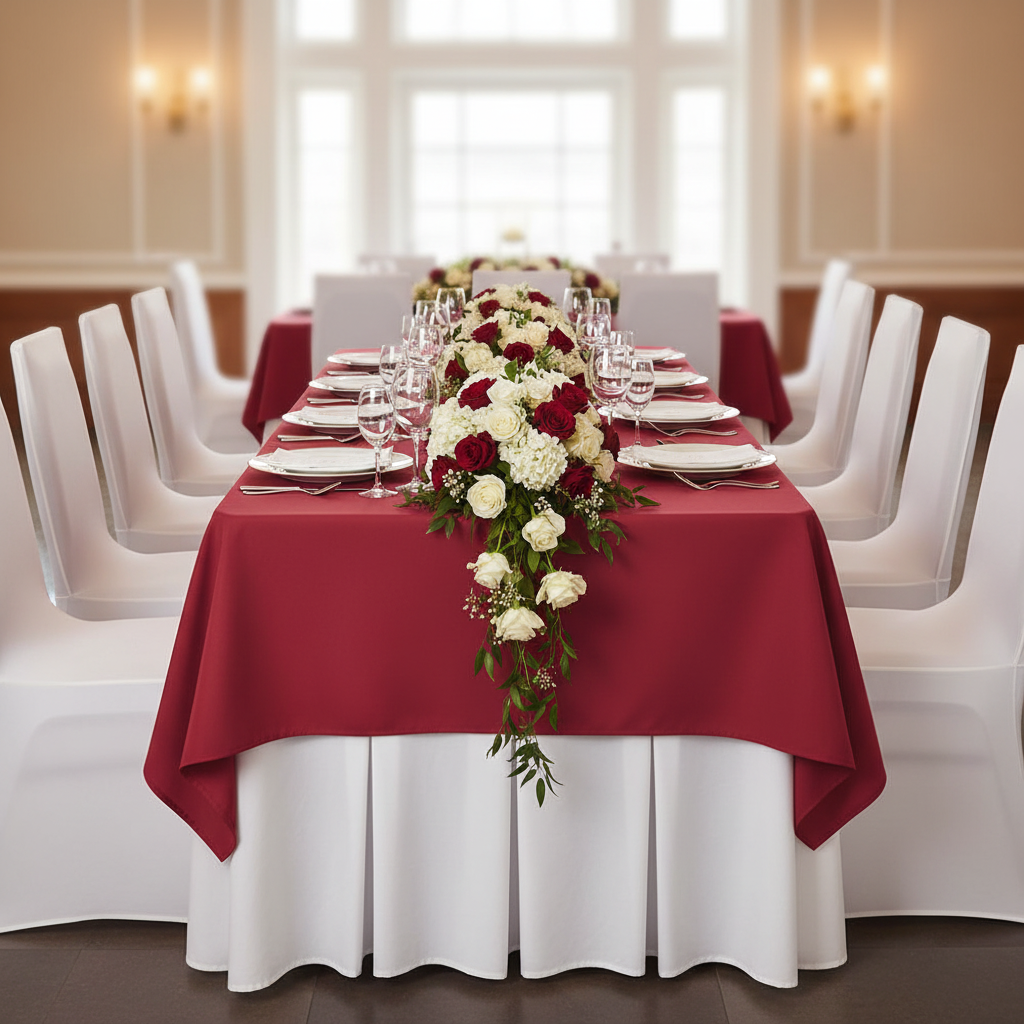 60"x120" Rectangular Premium Polyester Tablecloth - Apple Red on top of 6ft rectangular white tablecloth | white chair cover | white dinner and charger plate