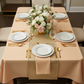 60"x120" Rectangular Premium Polyester Tablecloth - Champagne for indoor birthday reception with white dinner and charger plate | champagne napkin |