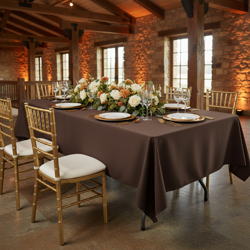 60"x120" Rectangular Premium Polyester Tablecloth - Chocolate Brown with white ang gold dinner plate, gold chiavari chairs and flower centerpiece