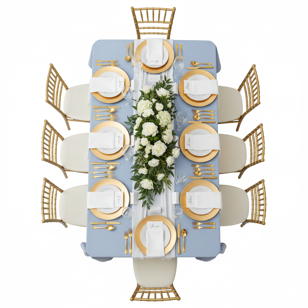 60"x120" Rectangular Premium Polyester Tablecloth - Dusty Blue with gold charger plate | white dinner plate | white napkin | white runner | flower premade runner 
