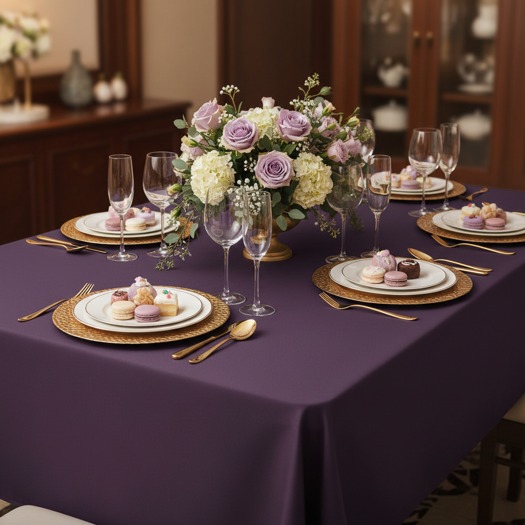 60"x120" Rectangular Premium Polyester Tablecloth - Eggplant/Plum | gold charger plate | wine goblets