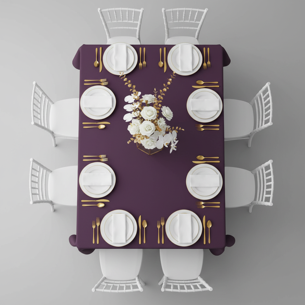 60"x120" Rectangular Premium Polyester Tablecloth - Eggplant/Plum | white dinner plate | white napkin 