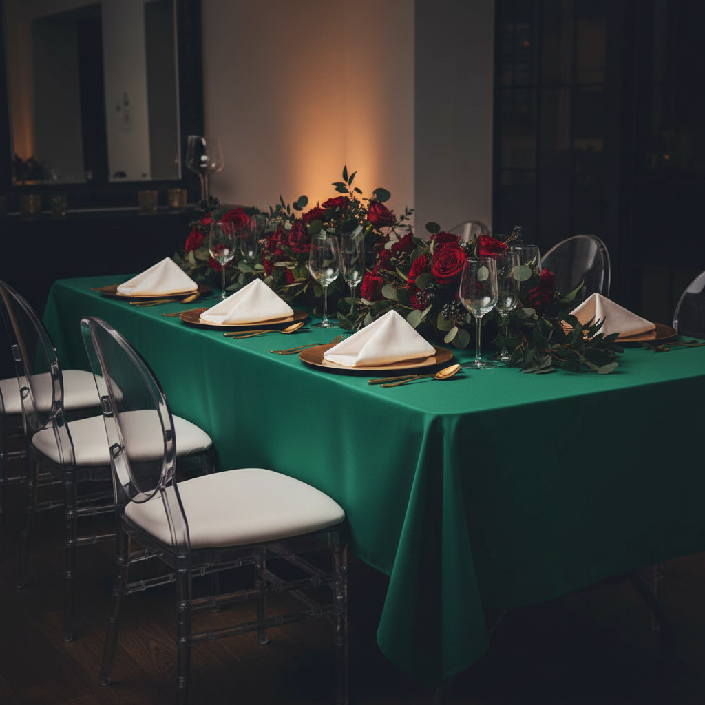 60"x120" Rectangular Premium Polyester Tablecloth - Emerald Green with gold charger plate | white napkin | glass goblet |