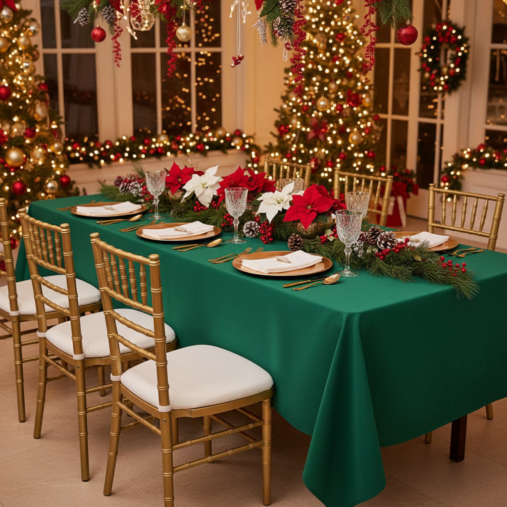 60"x120" Rectangular Premium Polyester Tablecloth - Emerald Green with gold charger plate | white napkin | glass goblet | gold chiavari chairs | 