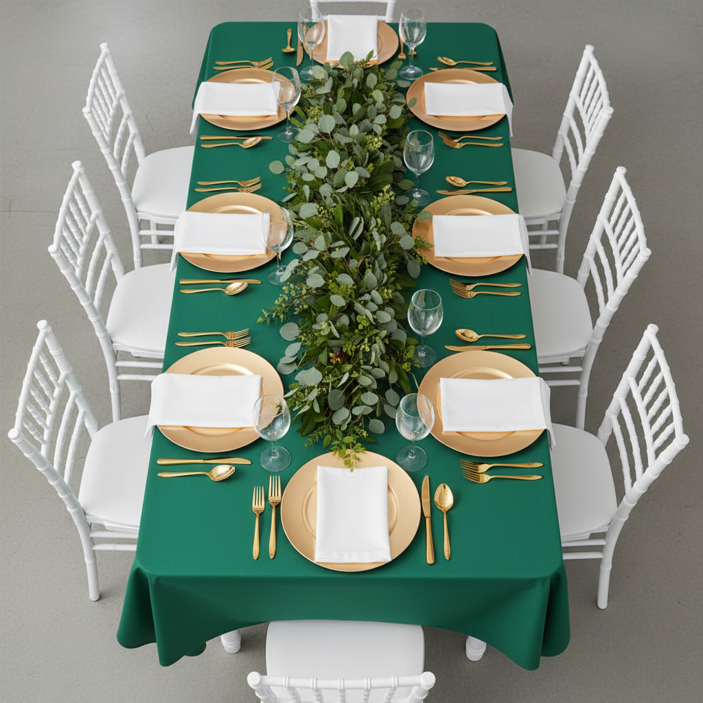 60"x120" Rectangular Premium Polyester Tablecloth - Emerald Green with gold charger plate | white napkin | glass goblet | gold chiavari chairs | 