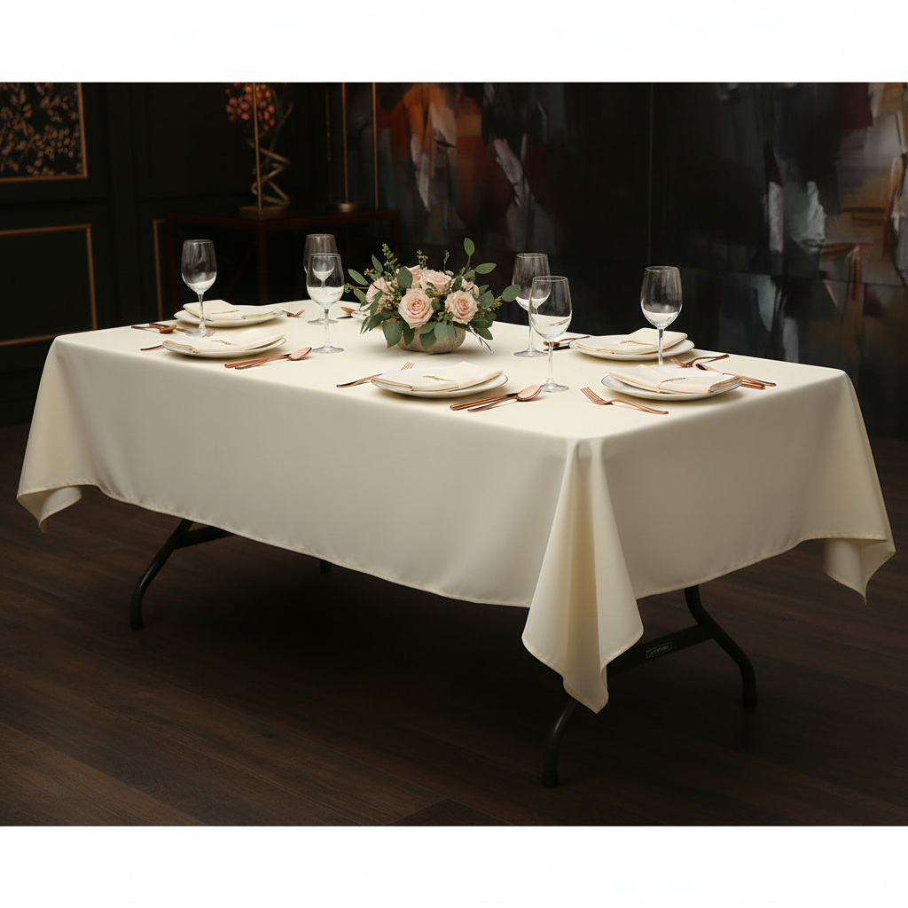 60"x120" Rectangular Premium Polyester Tablecloth - Light Ivory/Off White with white dinner plate | white napkin | wine goblets