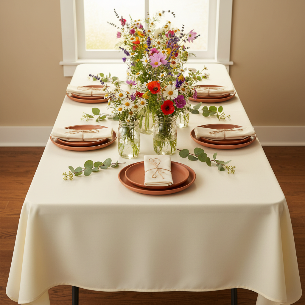 60"x120" Rectangular Premium Polyester Tablecloth - Light Ivory/Off White with rustic dinner plate | white napkin |