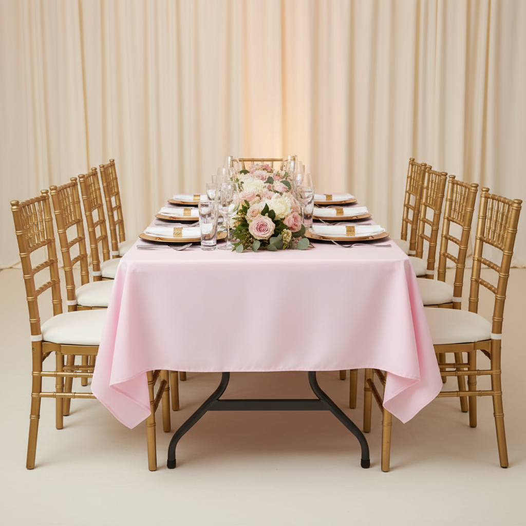 60"x120" Rectangular Premium Polyester Tablecloth - Pastel Pink for bridal shower reception with gold charger plate | white dinner plate | white chiavari chair | white napkin