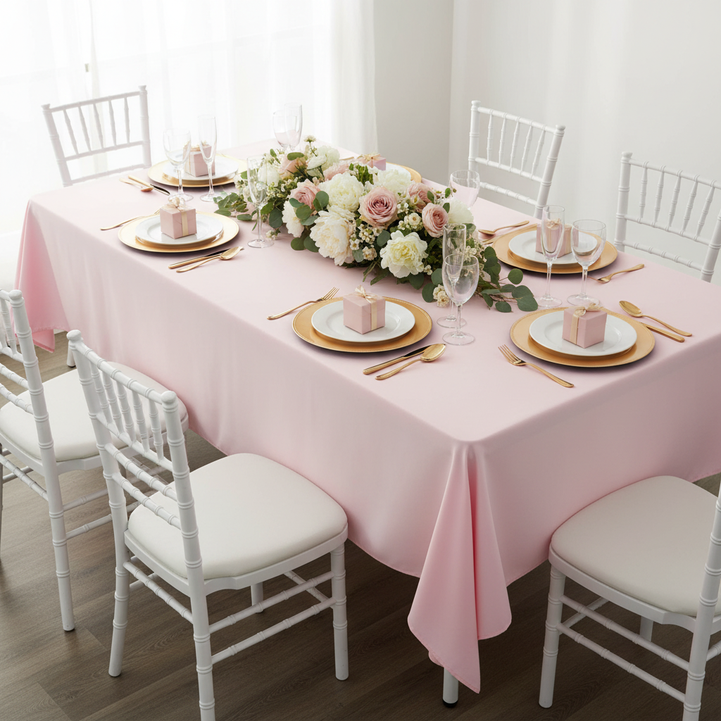 60"x120" Rectangular Premium Polyester Tablecloth - Pastel Pink for baby shower reception with gold charger plate | white dinner plate | white chiavari chair
