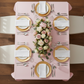 60"x120" Rectangular Premium Polyester Tablecloth - Pastel Pink for bridal shower reception with gold charger plate | white dinner plate | white chiavari chair | white napkin
