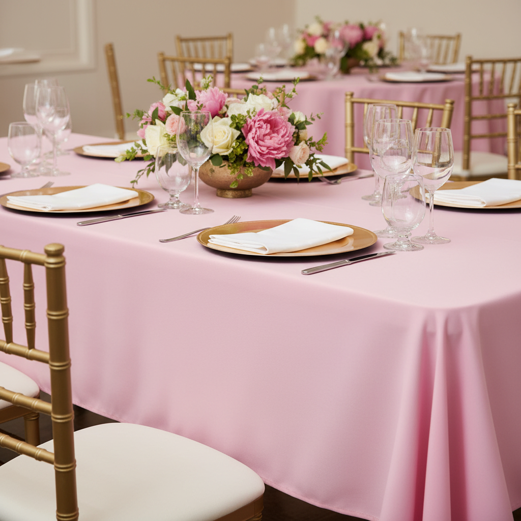 60"x120" Rectangular Premium Polyester Tablecloth - Pink close up detail with gold charger plate and white napkin