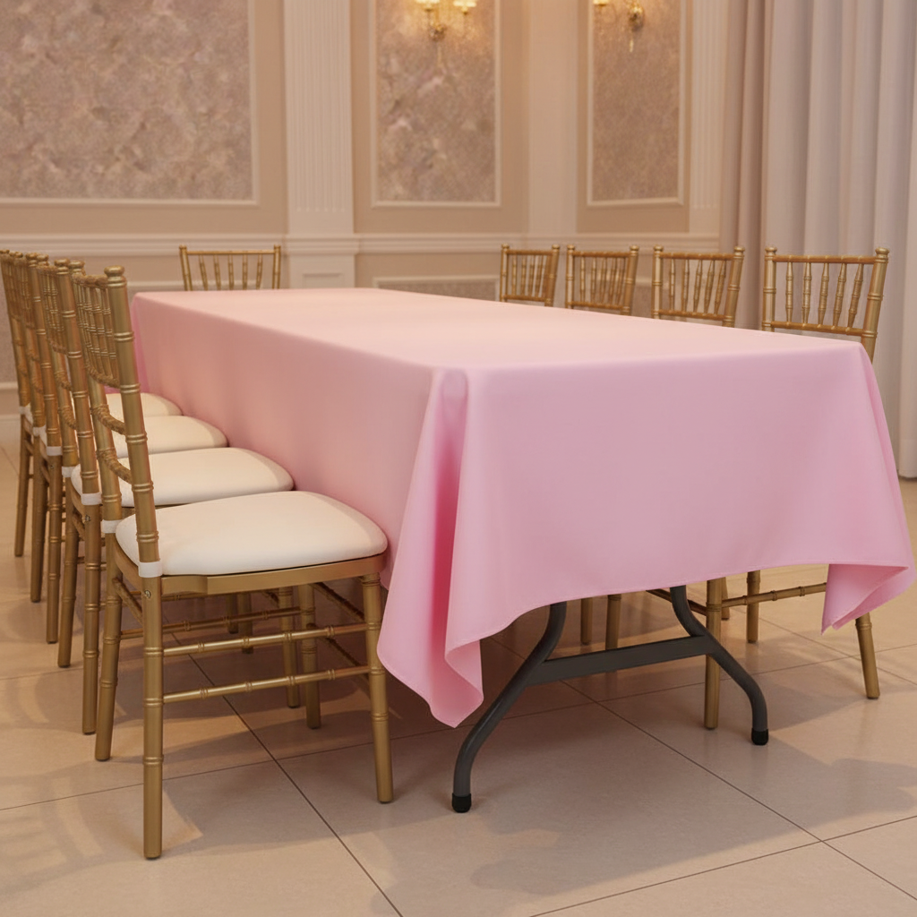 60"x120" Rectangular Premium Polyester Tablecloth - Pink with gold chiavari chair on a plain setup