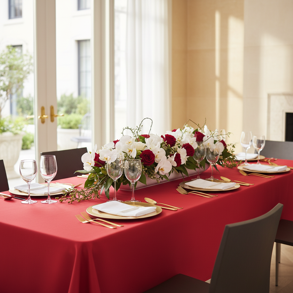 60"x120" Rectangular Premium Polyester Tablecloth - Red with gold charger plate and white napkin for intimate indoor dining table setup