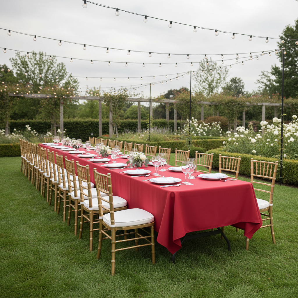 60"x120" Rectangular Premium Polyester Tablecloth - Red with gold charger plate and white napkin for outdoor wedding reception