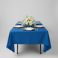 60"x120" Rectangular Premium Polyester Tablecloth - Royal Blue with gold charger plate | white dinner plate| wine goblets | white napkin | flower centerpieces