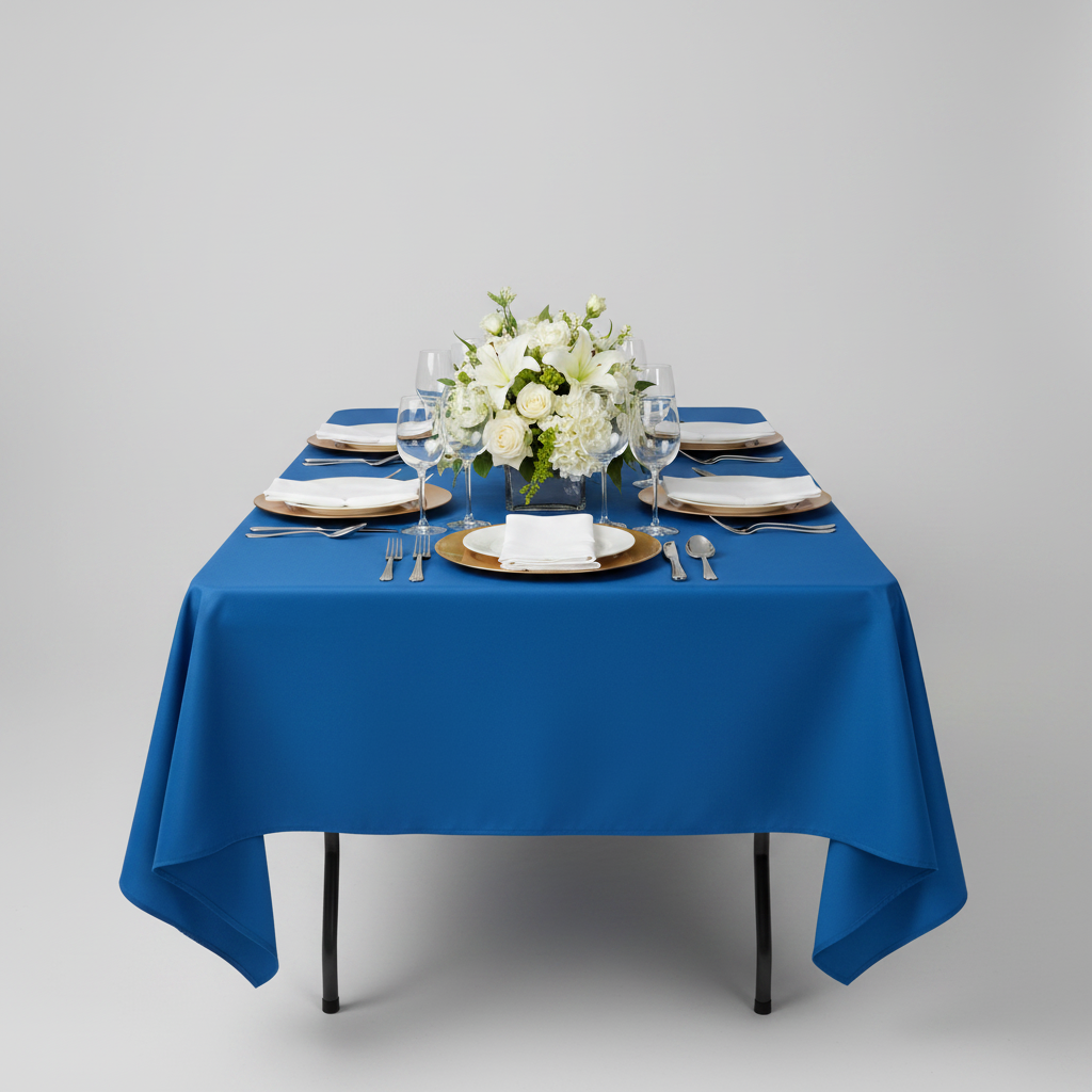60"x120" Rectangular Premium Polyester Tablecloth - Royal Blue with gold charger plate | white dinner plate| wine goblets | white napkin | flower centerpieces