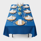 60"x120" Rectangular Premium Polyester Tablecloth - Royal Blue top view with gold charger plate | white napkin | wine goblets 