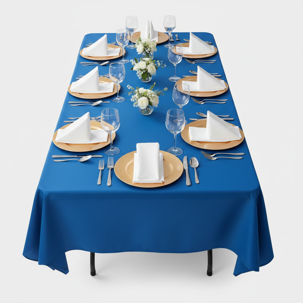 60"x120" Rectangular Premium Polyester Tablecloth - Royal Blue top view with gold charger plate | white napkin | wine goblets 