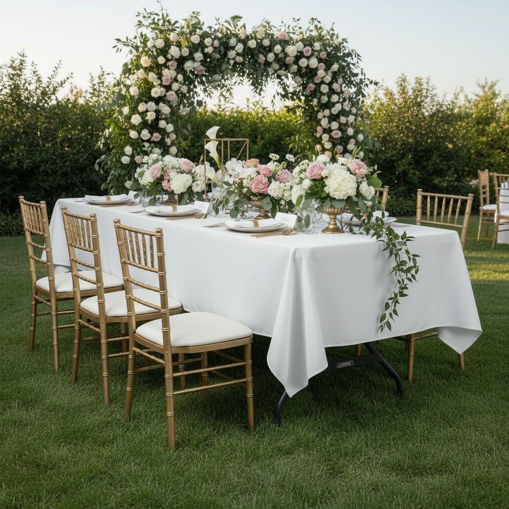 60"x120" Rectangular Premium Polyester Tablecloth - White for bridal shower garden reception with white dinner plate, white napkin, gold chiavari and floral centerpieces