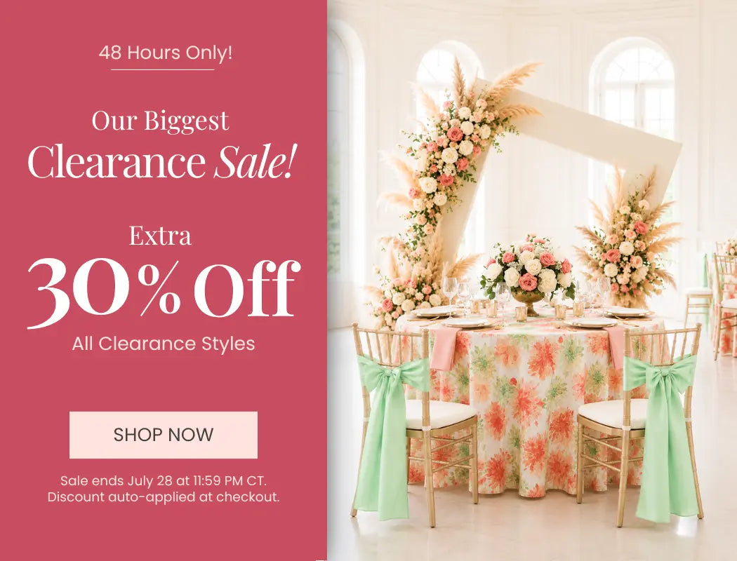 Pink promotional banner for 48-hour clearance sale with 30% off all clearance styles, next to a floral wedding tablescape.