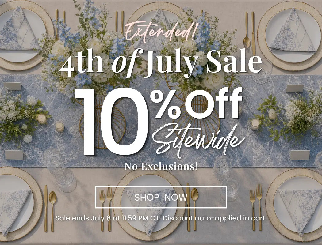 Blue and gold tablescape promoting a 4th of July sale with 10% off sitewide and a 'Shop Now' CTA.