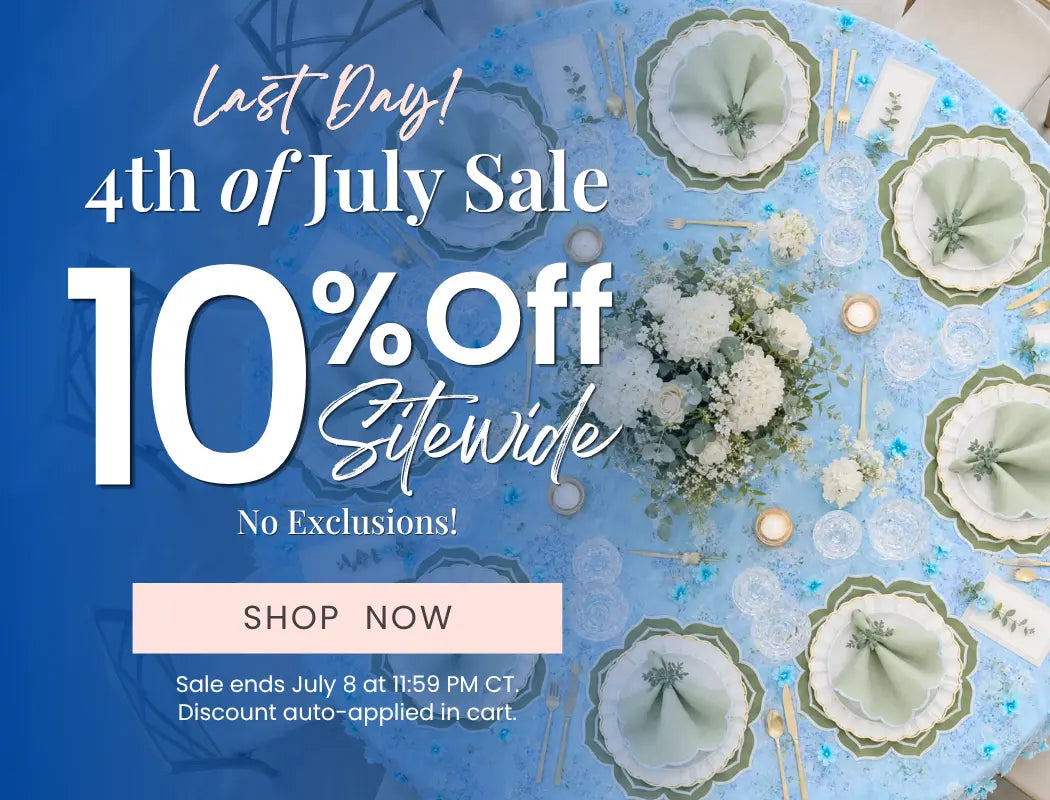 4th of July Sale banner: 10% off sitewide on a blue table with floral centerpiece; features Shop Now CTA.