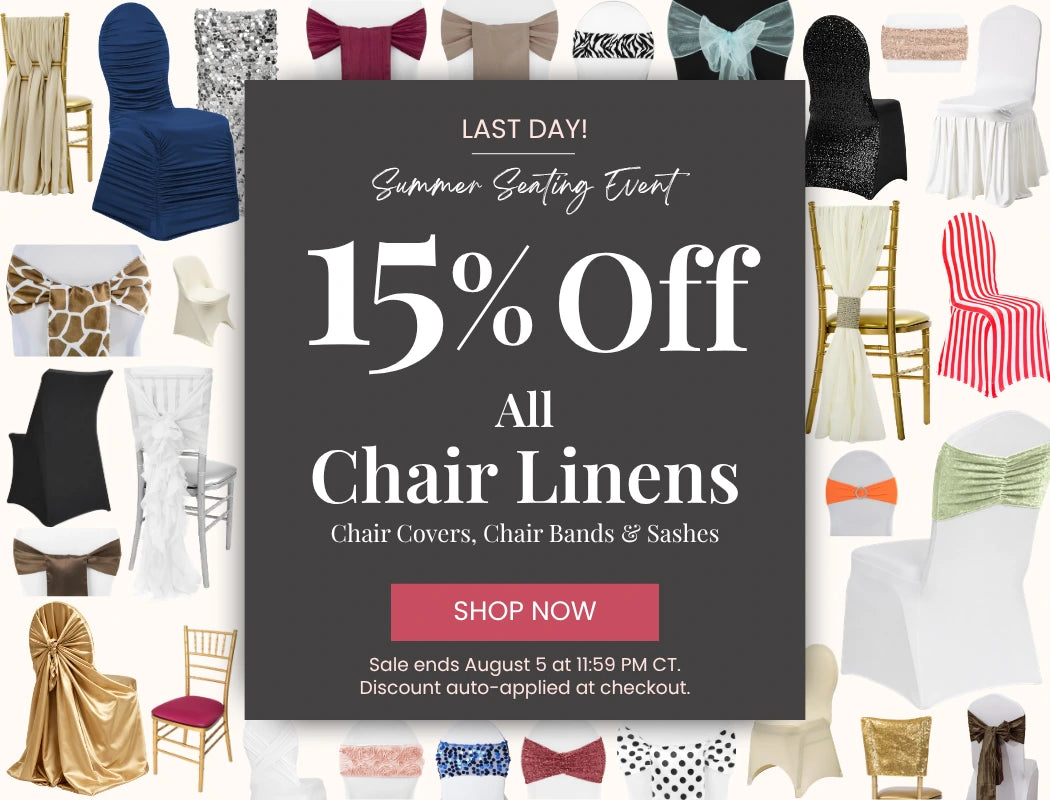 Center promotional card reads 15% Off All Chair Linens with chair covers, bands, and sashes around a collage background.