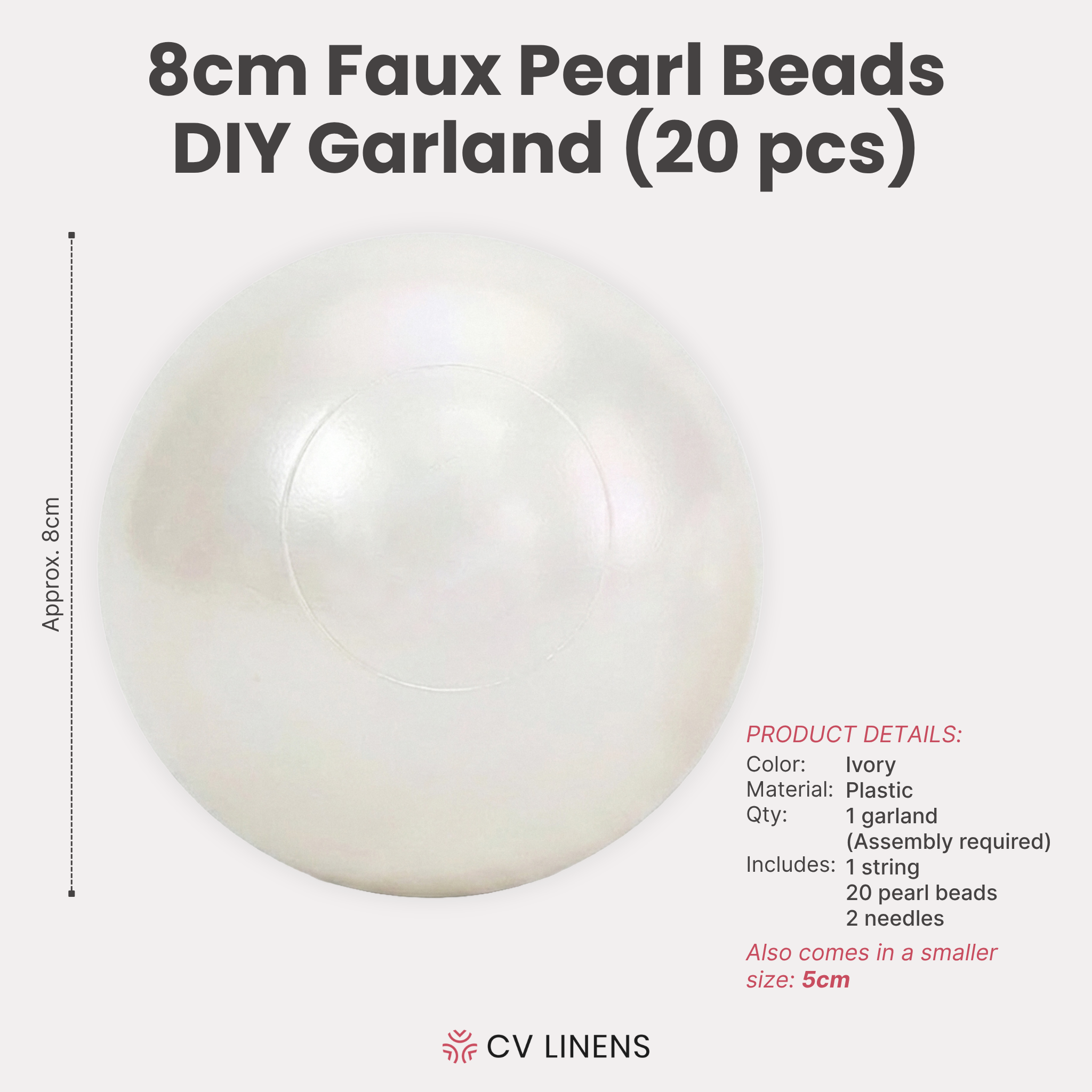 8cm Faux Pearl Beads DIY Garland (20pcs) infographic showing product dimensions