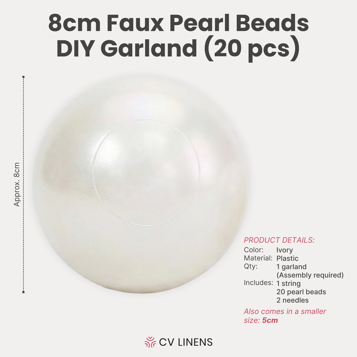 8cm Faux Pearl Beads DIY Garland (20pcs) infographic showing product dimensions