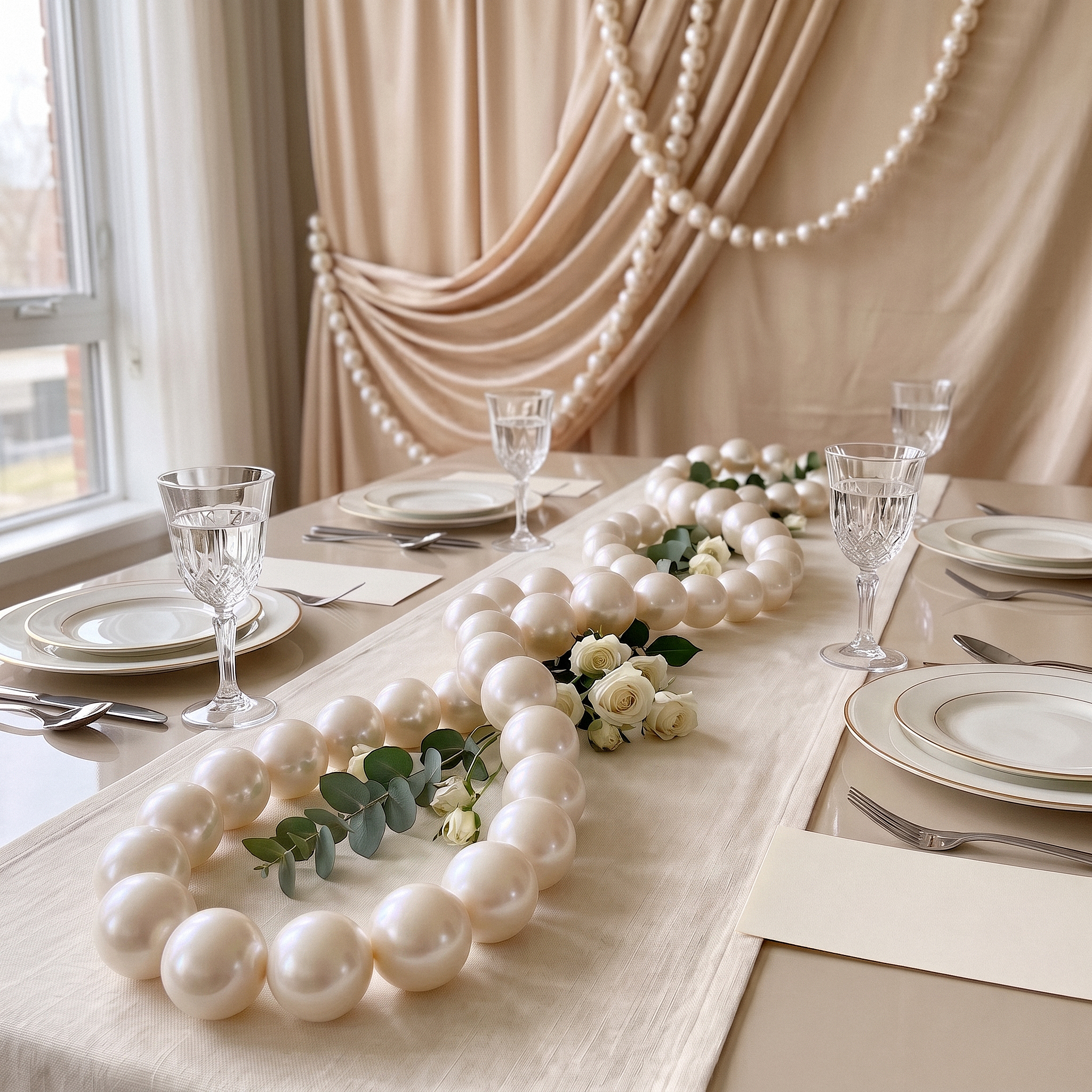 8cm Faux Pearl Beads DIY Garland (20pcs) laid in middle of the table with florals