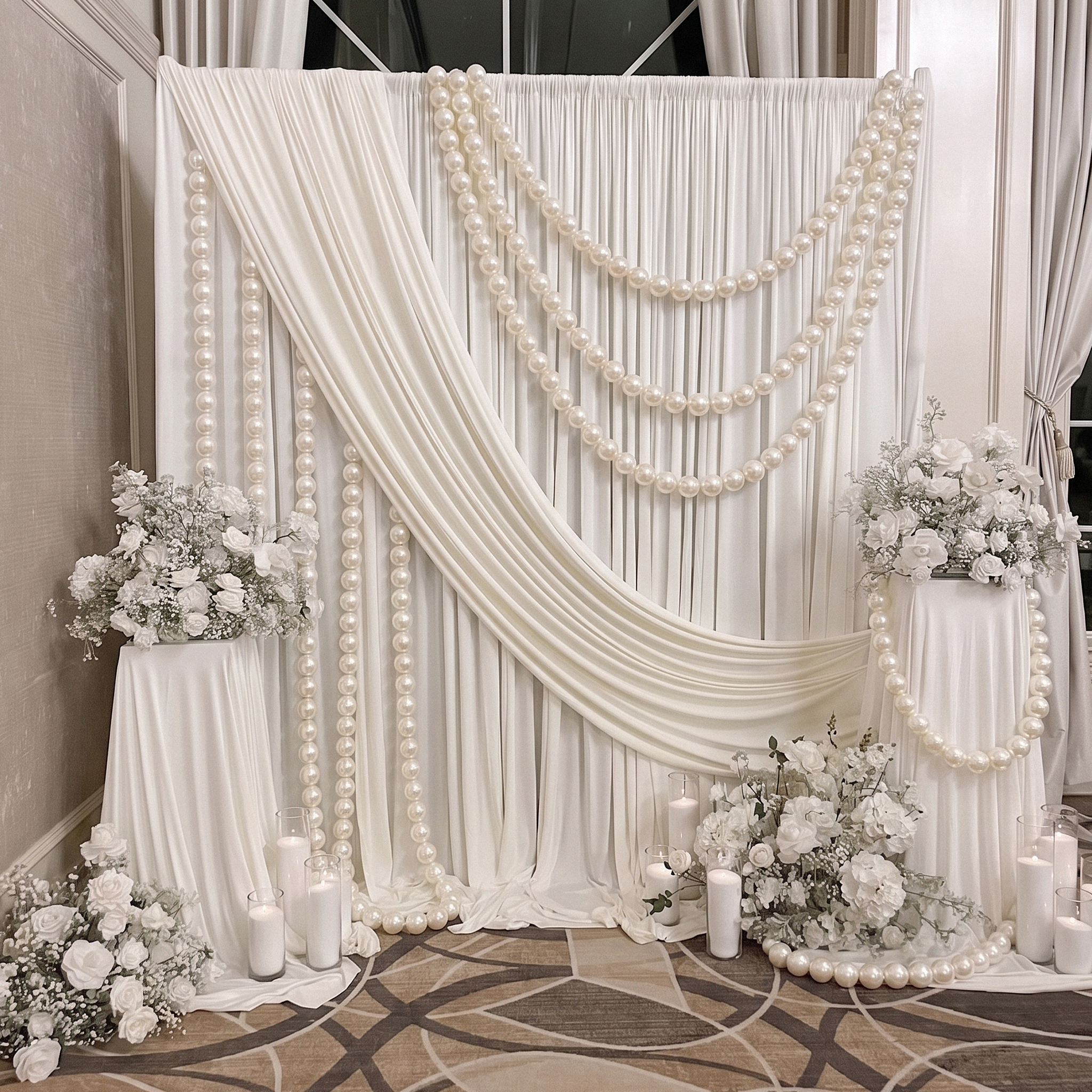 8cm Faux Pearl Beads DIY Garland (20pcs) assembled and draped on a backdrop