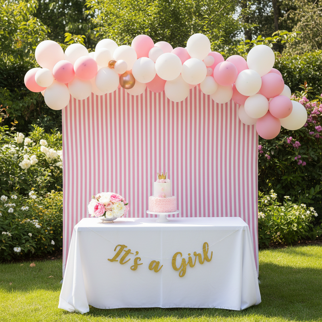 8ft x 8ft Striped Spandex Slip-on Backdrop Cover Pastel Pink - Outdoor Baby Girl Shower