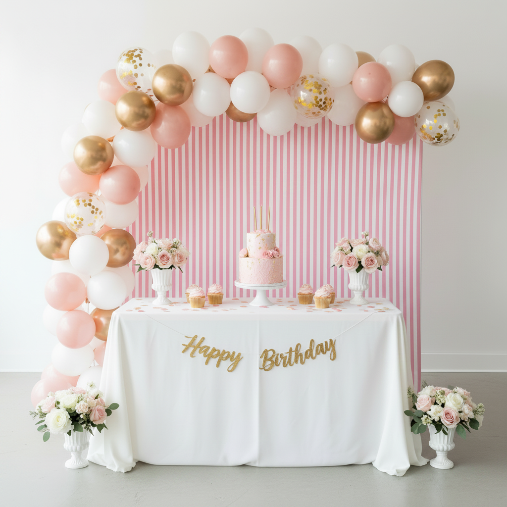 8ft x 8ft Striped Spandex Slip-on Backdrop Cover Pastel Pink - Birthday 
