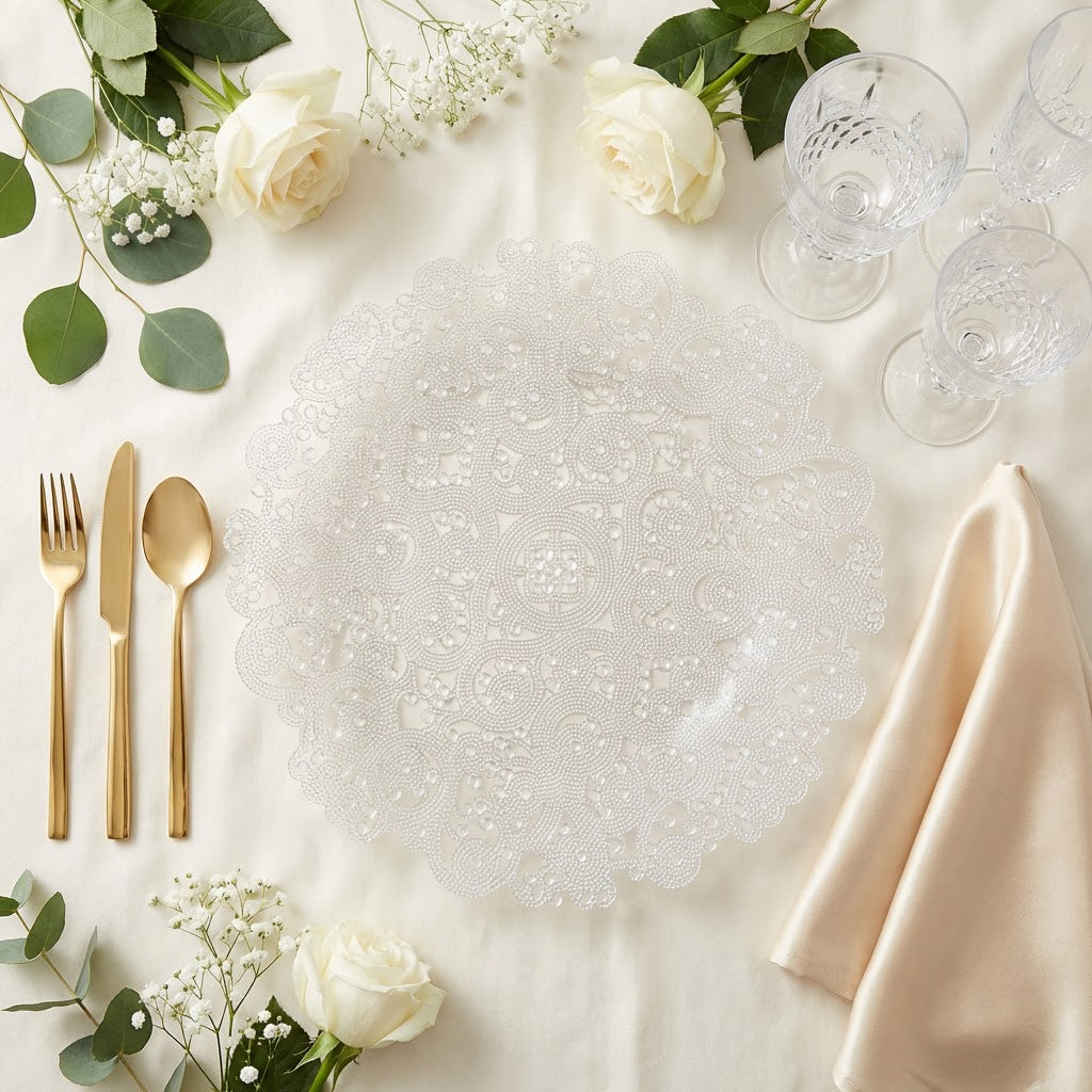8 pc/set Filigree Acrylic Charger Plate Clear birdseye view 
