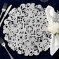 8 pc/set Filigree Acrylic Charger Plate Clear on top a navy blue tablecloth with an ivory napkin
