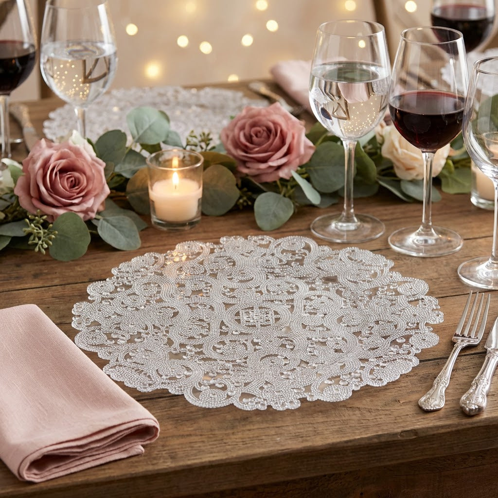 8 pc/set Filigree Acrylic Charger Plate Clear on a wooden table with wine goblets, and floral greenery table runner