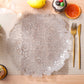 8 pc/set Filigree Acrylic Charger Plate Clear on top a table runner with gold flatware