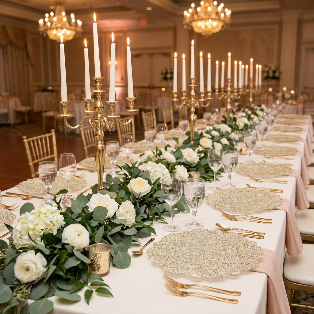 reception with the 8 pc/set Filigree Acrylic Charger Plate Gold on banquet tables with gold chiavari chairs, gold flatware, candelabras and floral greenery table runner 