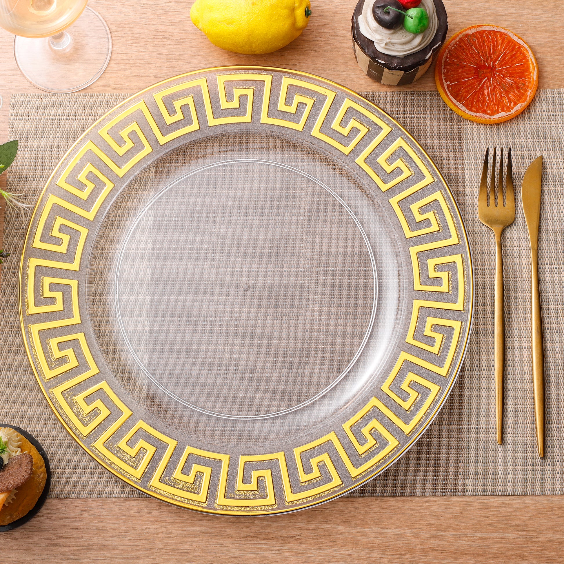 8 pc/set Greek Key Acrylic Charger Plate Clear Gold Trim mock up