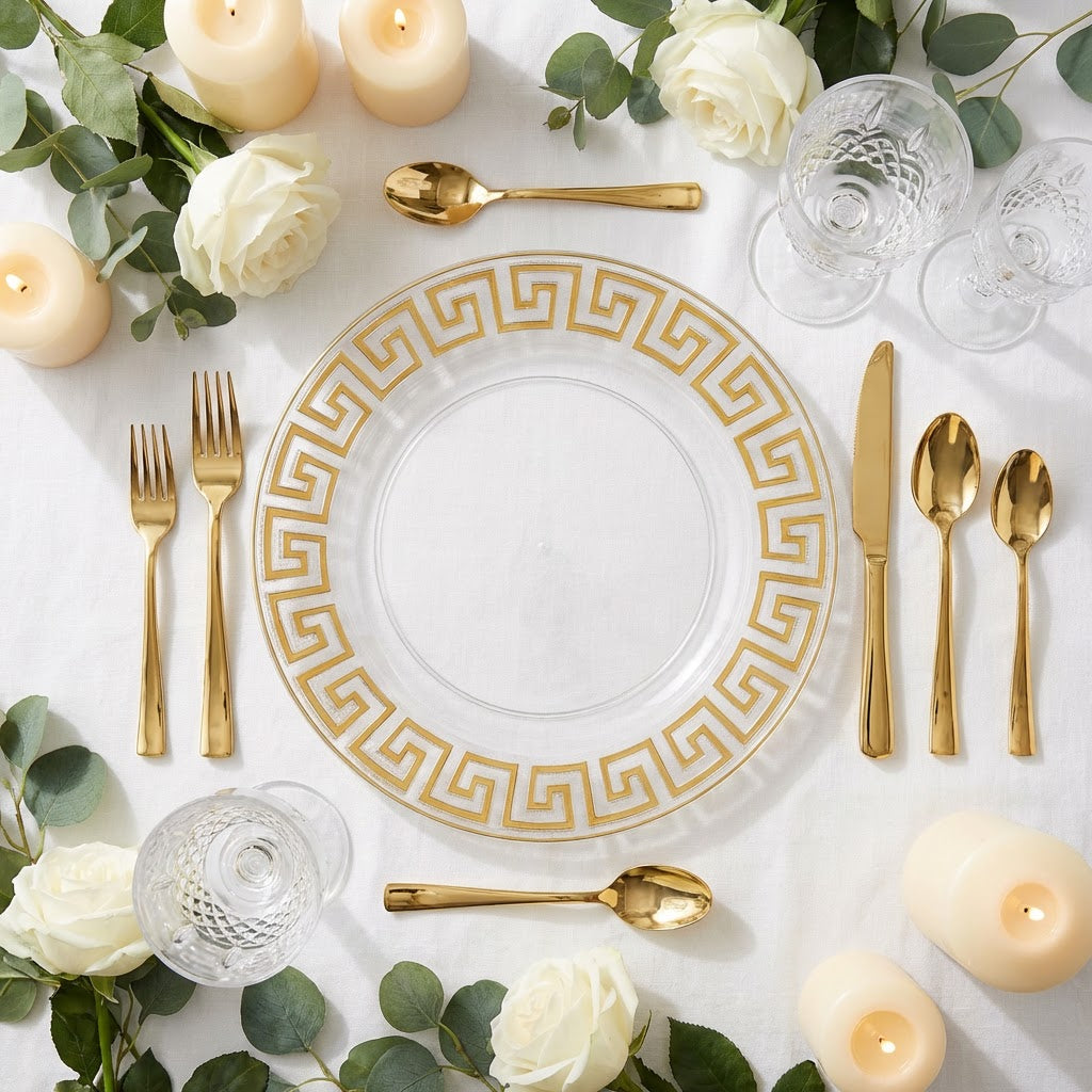 8 pc/set Greek Key Acrylic Charger Plate - Clear Gold Trim  birdseye view