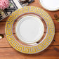 8 pc/set Greek Key Acrylic Charger Plate Clear Gold Trim with a white gold trim dinner plate on top