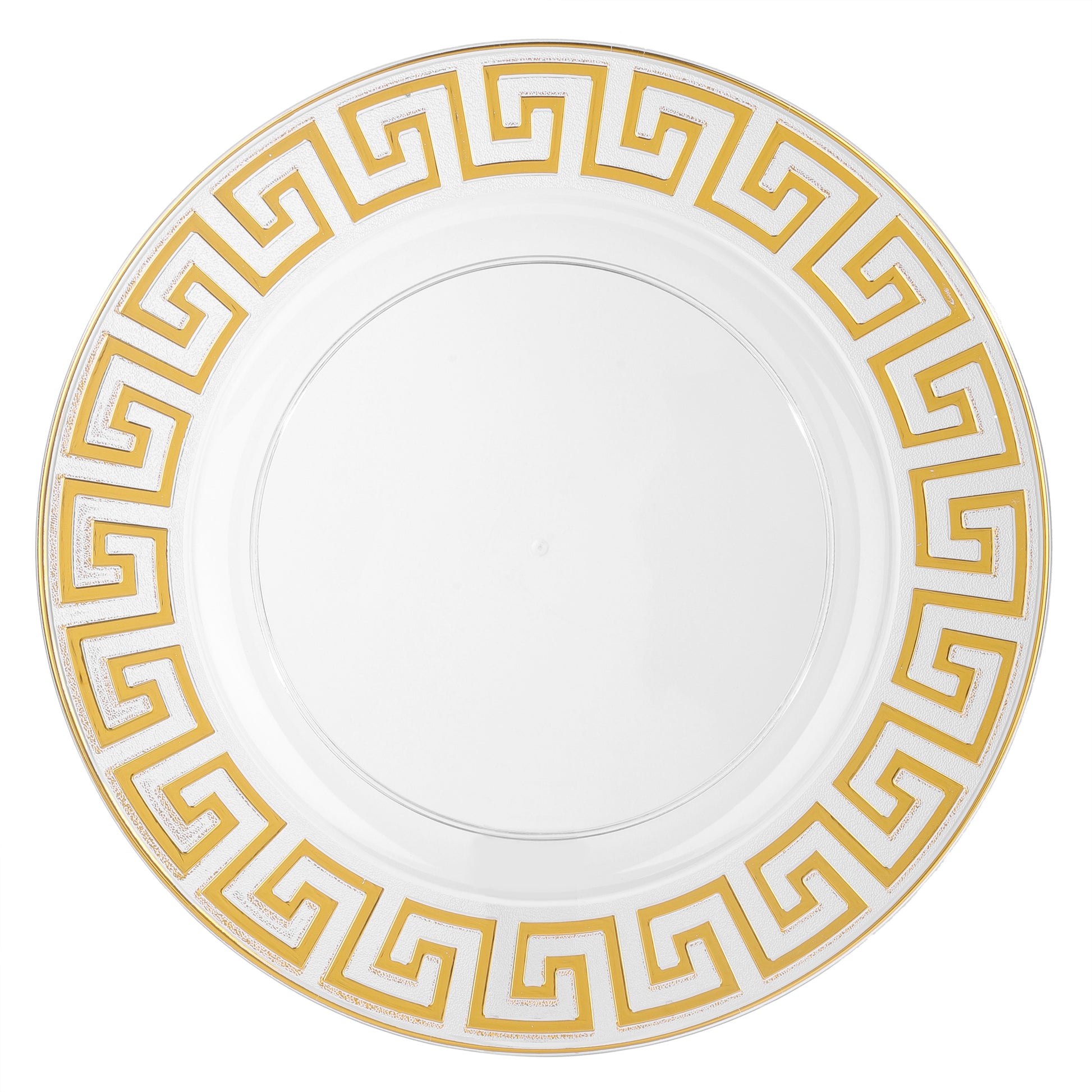 8 pc/set Greek Key Acrylic Charger Plate Clear Gold Trim full view
