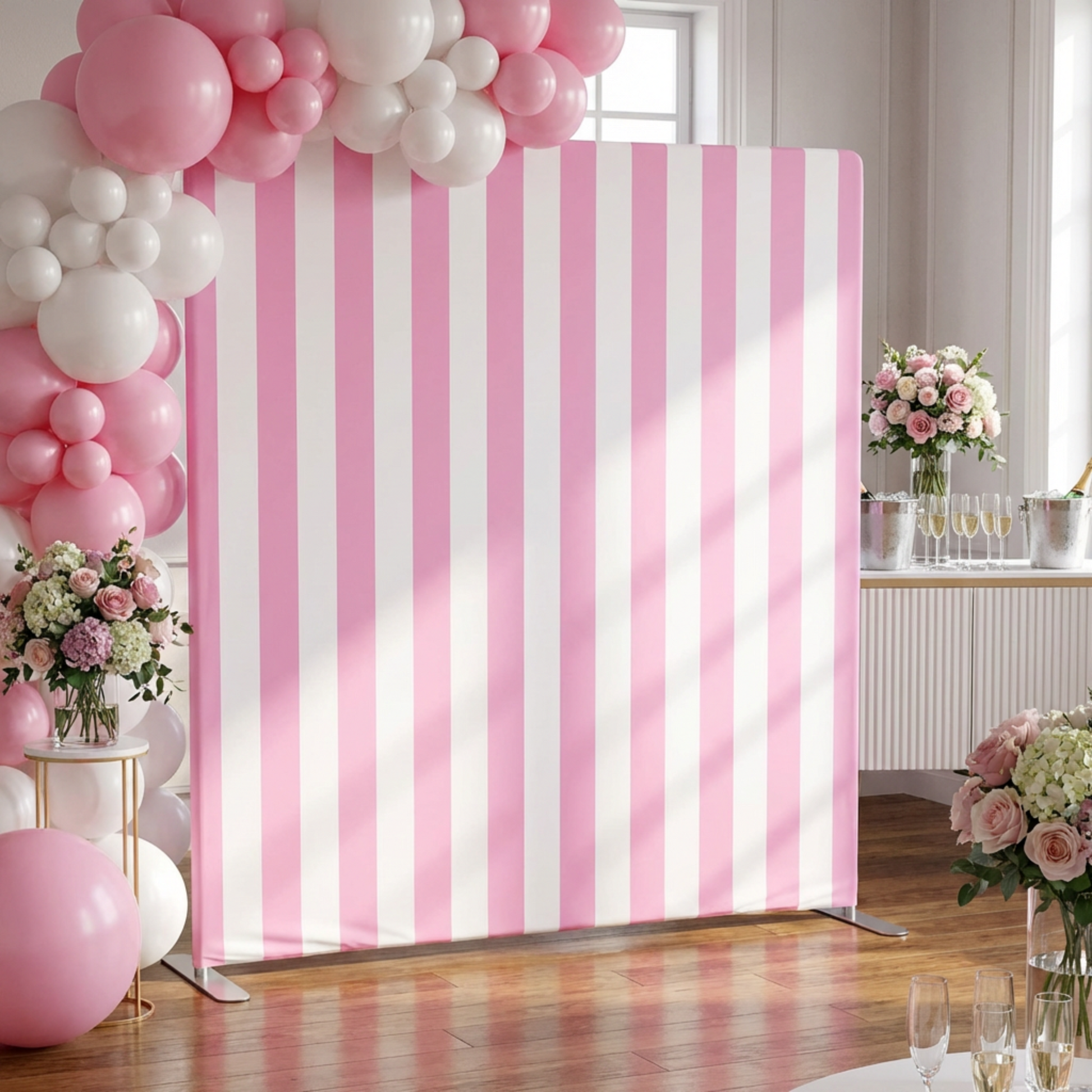 8ft x 8ft Aluminum Pillowcase Photobooth Backdrop Stand paired with CV Linens - 8ft x 8ft Striped Spandex Slip-on Backdrop Cover - Pastel Pink