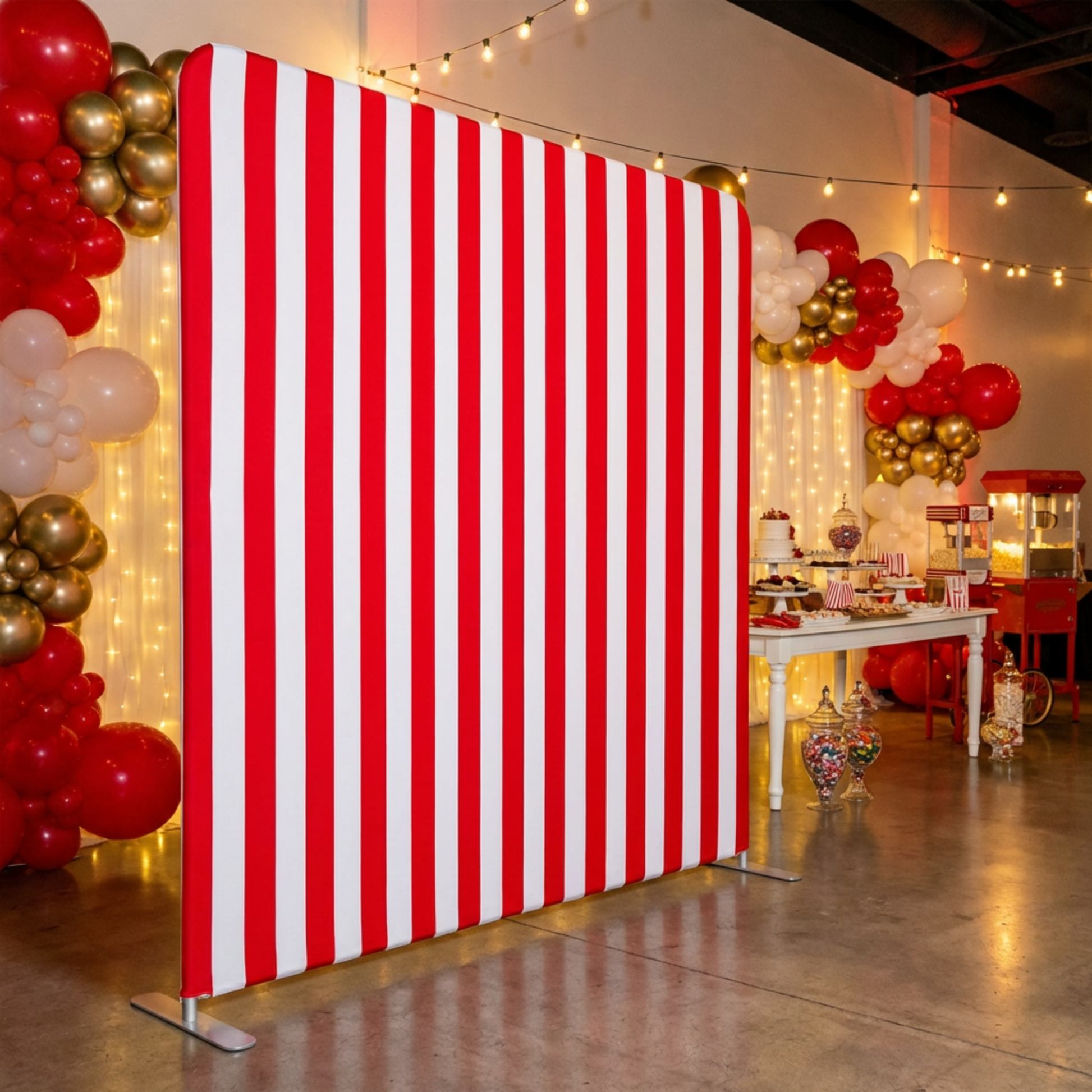 8ft x 8ft Aluminum Pillowcase Photobooth Backdrop Stand paired with CV Linens 8ft x 8ft Striped Spandex Slip-on Backdrop Cover - Red