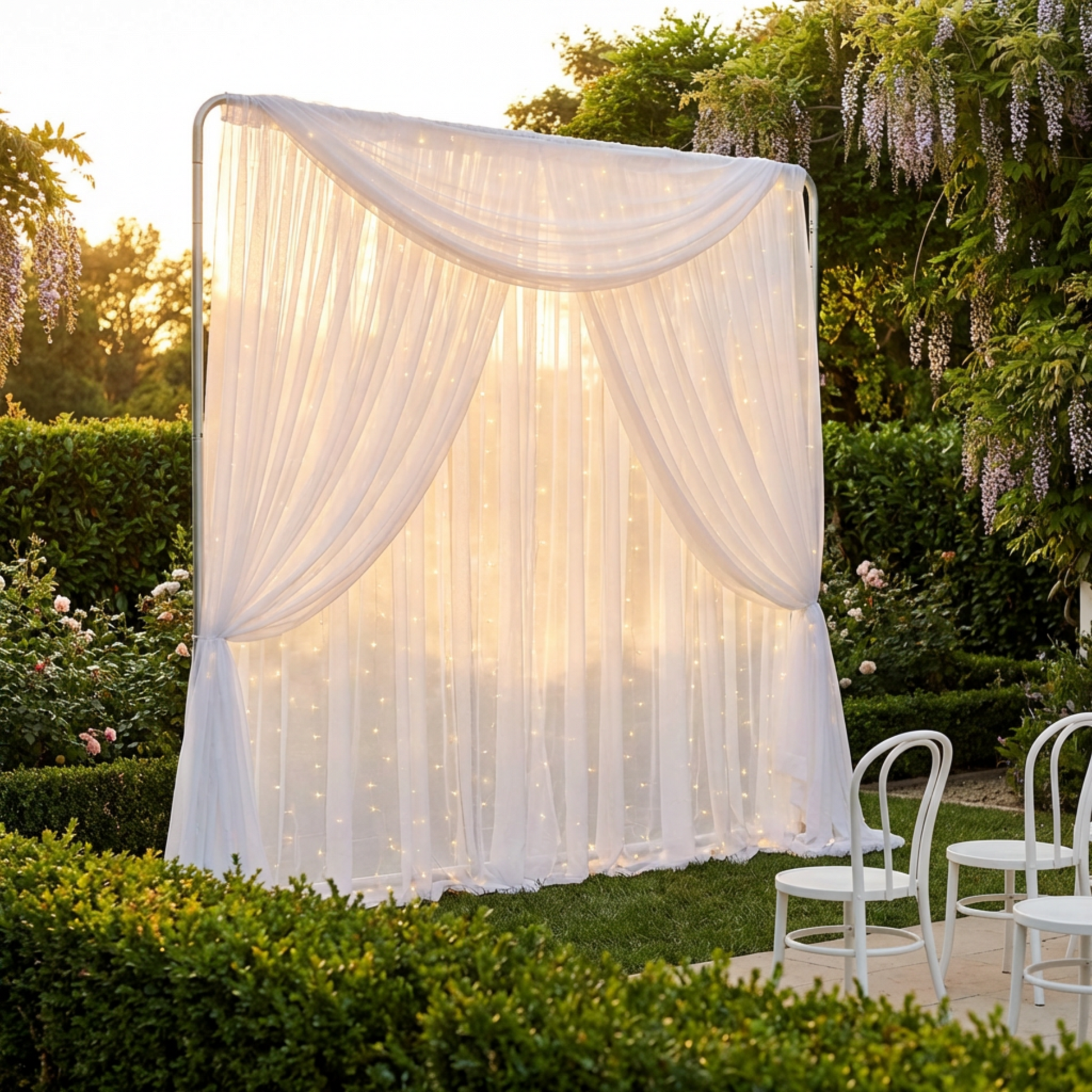 8ft x 8ft Aluminum Pillowcase Photobooth Backdrop Stand outdoor with sheer voile drapes and Led hanging lights